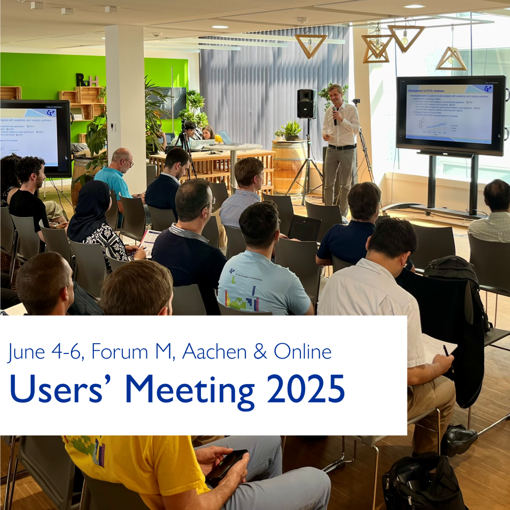 A presenter speaks to a seated audience in a modern, well-lit conference room during the Users’ Meeting 2025. Two large screens display slides, and plants and natural light enhance the space. The overlay text reads: 'June 4-6, Forum M, Aachen & Online - Users’ Meeting 2025.'