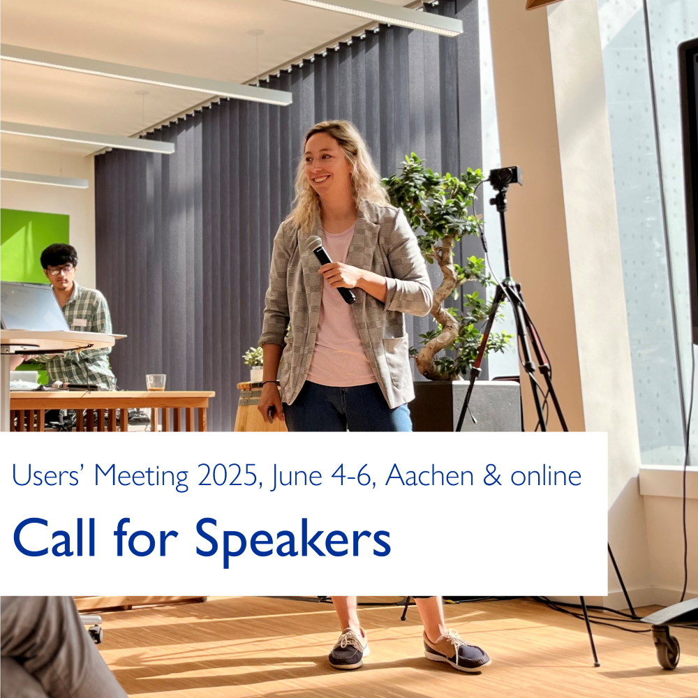 A woman holding a microphone speaks in a bright and modern conference room with large windows. A man works on a laptop in the background. The overlay text reads: 'Users’ Meeting 2025, June 4-6, Aachen & online - Call for Speakers.'