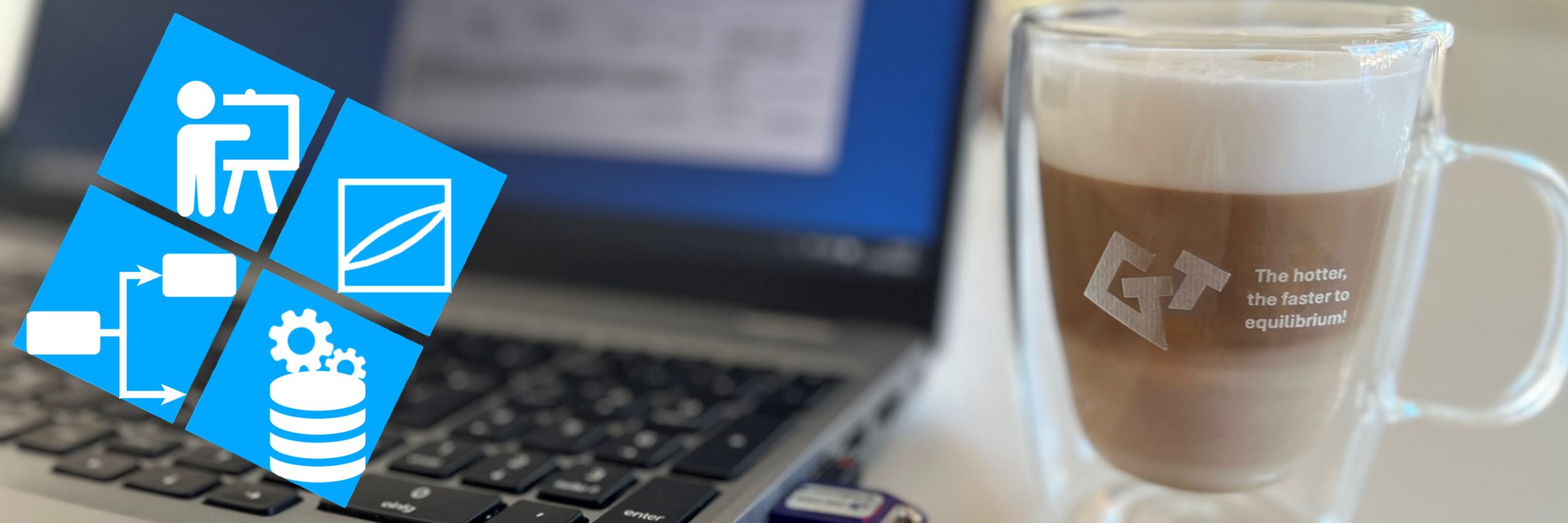 Hero_Consulting-Training A close-up of a GTT-Technologies branded glass mug filled with a layered latte, featuring the phrase "The hotter, the faster to equilibrium!" in white text. In the background, a laptop keyboard and screen are visible, along with a small USB dongle. Overlaid on the left side of the image are four blue icons representing consulting and training in thermodynamics: Training Courses (a figure at a presentation board), Thermodynamic Consulting (a simplified phase diagram), Process Model Development (a process flowchart), and Database Development (gears and a database symbol).