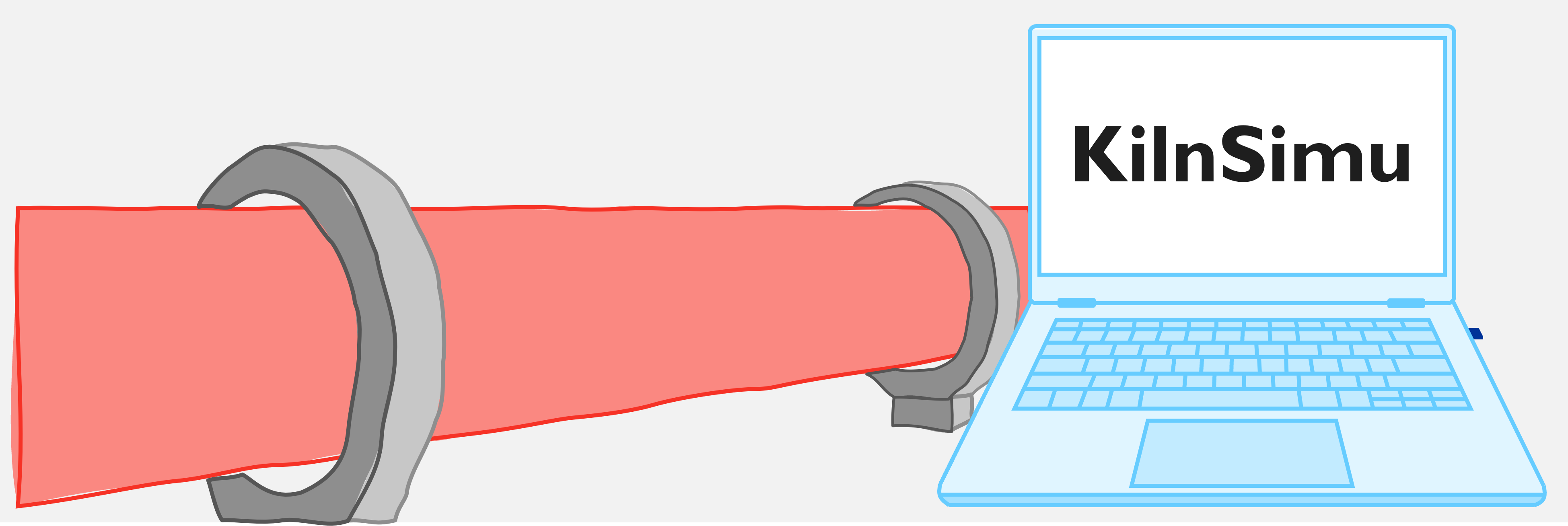 A stylized illustration shows a red rotary kiln tube secured by gray support rings on the left, transitioning into a light blue laptop on the right. A dark blue dongle is plugged into the laptop's USB port. The laptop screen prominently displays the text "KilnSimu," indicating the connection between the rotary kiln's operation and the simulation software. The minimalistic design emphasizes the link between industrial processes and digital simulation tools.