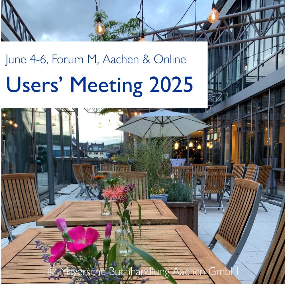 Outdoor terrace of Forum M in Aachen set with wooden tables and chairs, decorated with flowers, promoting the Users' Meeting 2025 taking place June 4–6 on-site and online. © Mayersche Buchhandlung Aachen GmbH 