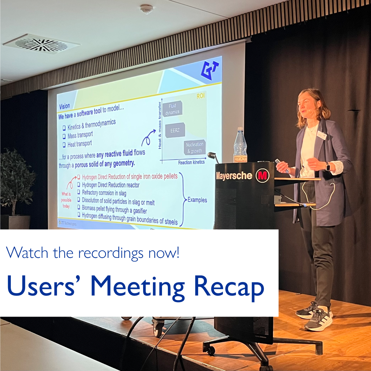 Presentation scene from Users’ Meeting 2025: a speaker on stage with a slide about reactive flow simulation tools. Text overlay: “Watch the recordings now! Users' Meeting Recap.”