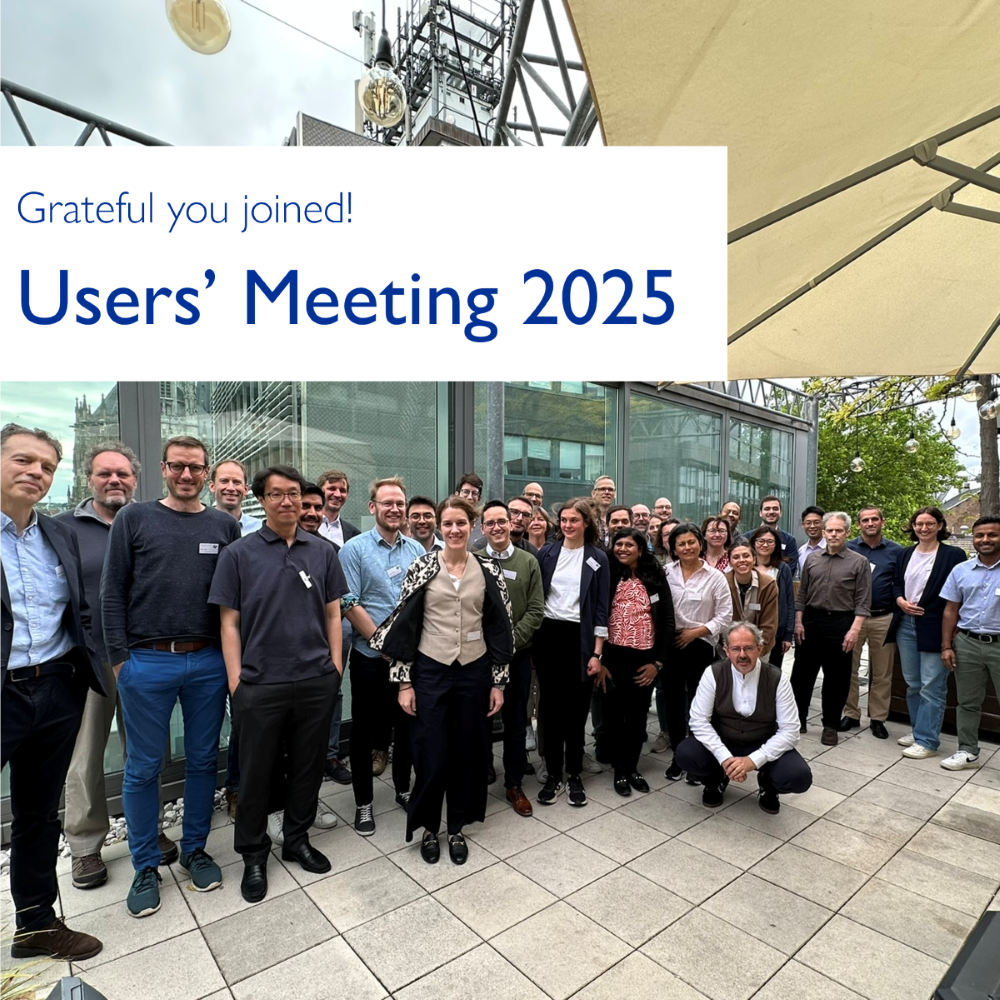 Group photo of Users’ Meeting 2025 participants standing outside under a canopy in front of a modern building. Text overlay: “Grateful you joined!”