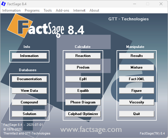 FactSage 8.4 main menu showing buttons for Info, Databases, Calculate, and Manipulate modules, with the FactSage logo and version details.