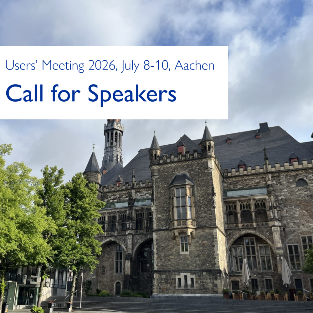Banner for the Users’ Meeting 2026 Call for Speakers with Aachen city hall in the background