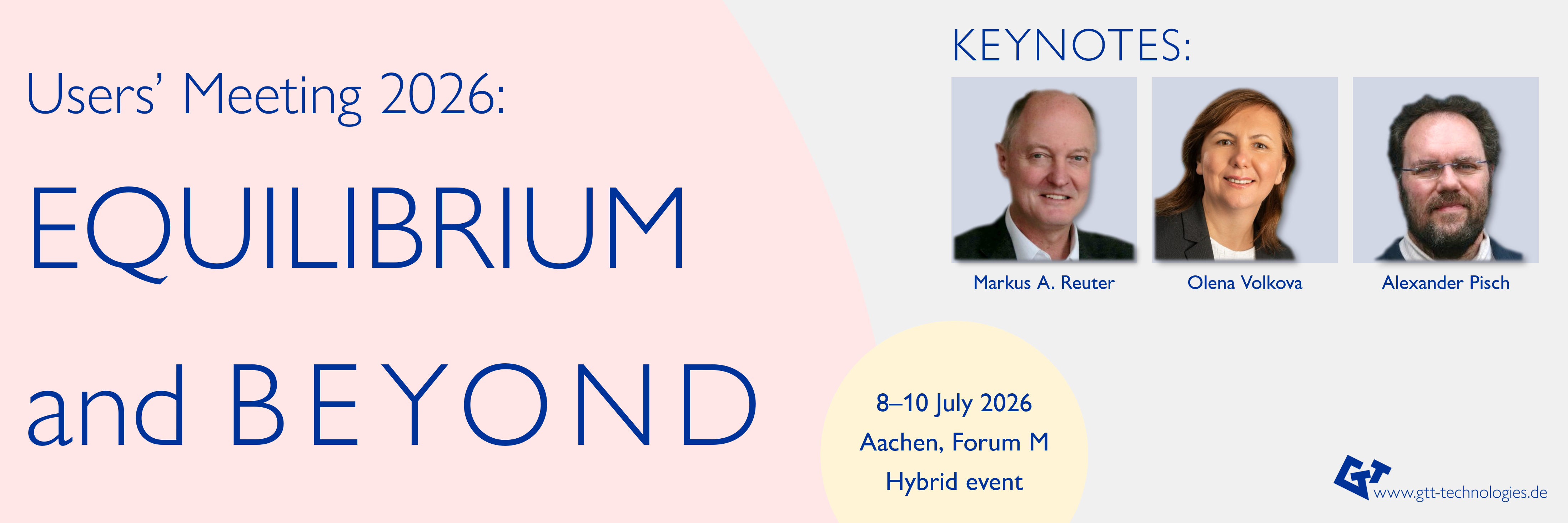 Hero banner for Users’ Meeting 2026 featuring the theme “Equilibrium and Beyond”, keynote speakers Markus A. Reuter, Olena Volkova, and Alexander Pisch, and event details for the hybrid conference taking place July 8–10, 2026 in Aachen.
